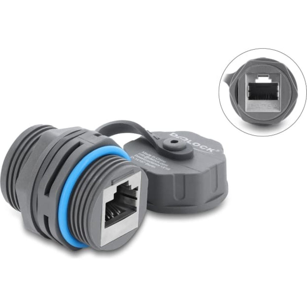 Delock Cable Connector RJ45 jack to RJ45 jack Cat.6A with M23.5 x 1.5 mm thread and protective cap IP68 dust and waterproof grey