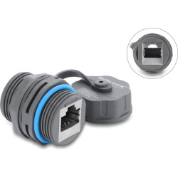 Delock Cable Connector RJ45 jack to RJ45 jack Cat.6A with M23.5 x 1.5 mm thread and protective cap IP68 dust and waterproof grey