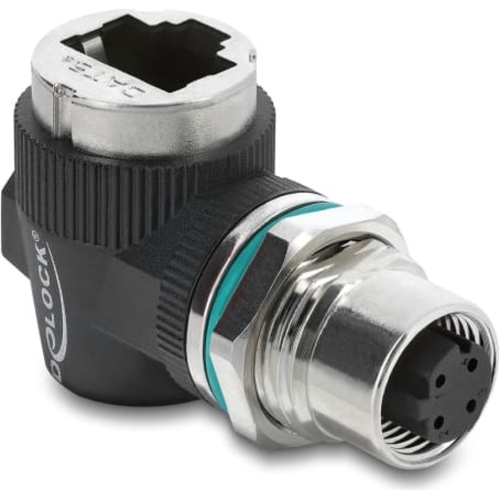 Delock M12 Adapter D-coded 4 pin female to RJ45 jack for built-in round 90&deg; angled