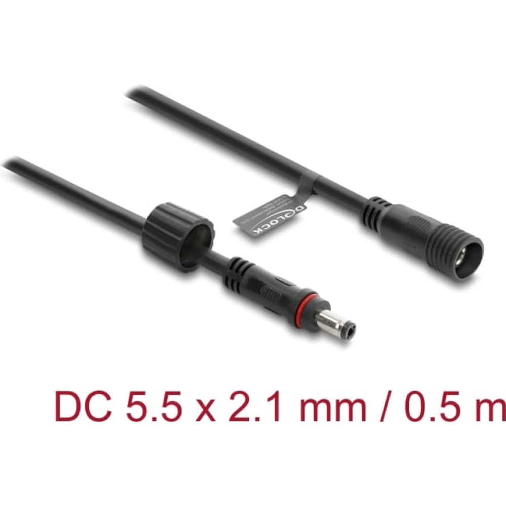 Delock DC Extension Cable 5.5 x 2.1 mm male to female with screw cap M12 x 1.75 mm thread waterproof 18 AWG 0.5 m black