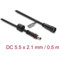 Delock DC Extension Cable 5.5 x 2.1 mm male to female with screw cap M12 x 1.75 mm thread waterproof 18 AWG 0.5 m black