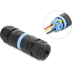 Delock Cable Connector with clamp connection 3 pin, IP68 waterproof, cable diameter 5 - 9 mm, incl. seals for 9 - 12 mm, tool-free black