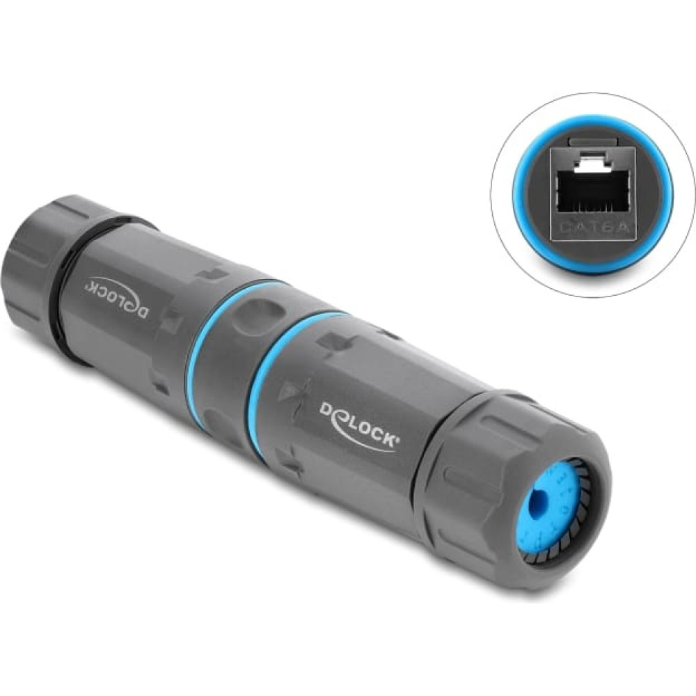 Delock Cable Connector RJ45 jack to RJ45 jack Cat.6A with M23.5 x 1.5 mm thread IP68 dust and waterproof grey